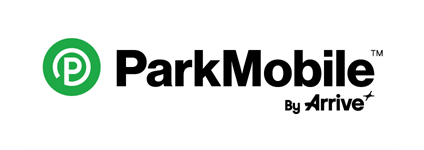 Park Mobile logo which is a green circle with the letter p and text that reads Park Mobile by Arrive