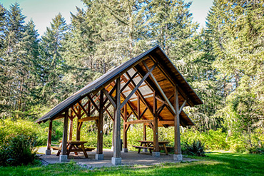 A wooden shelter sits in the sun at Island Center Forest