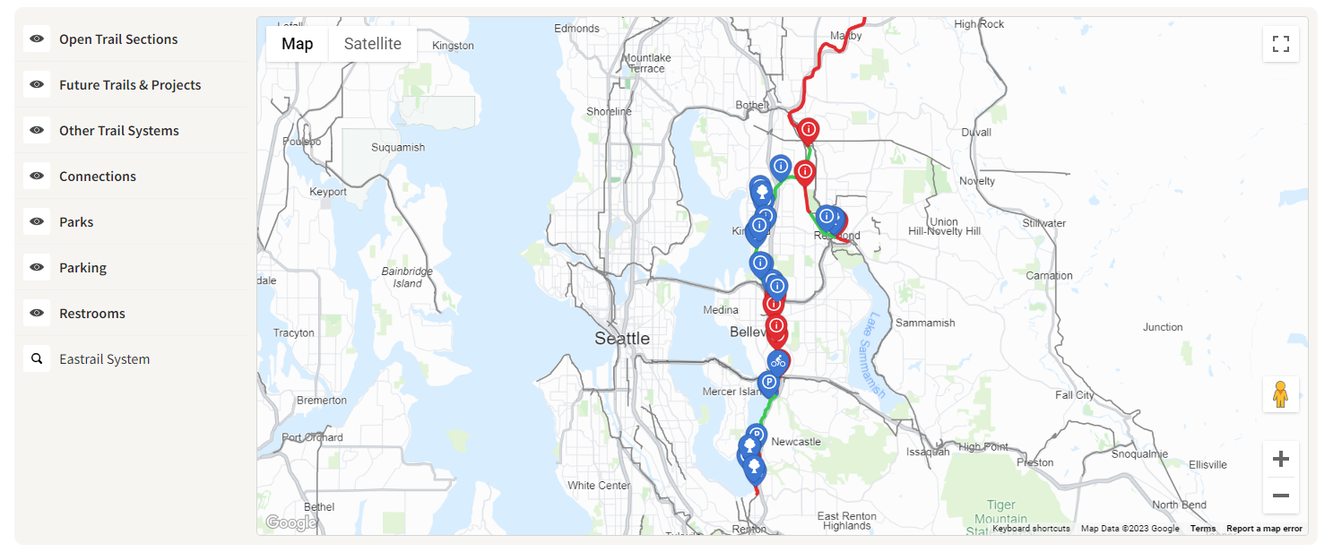 Map of current and planned segments of Eastrail