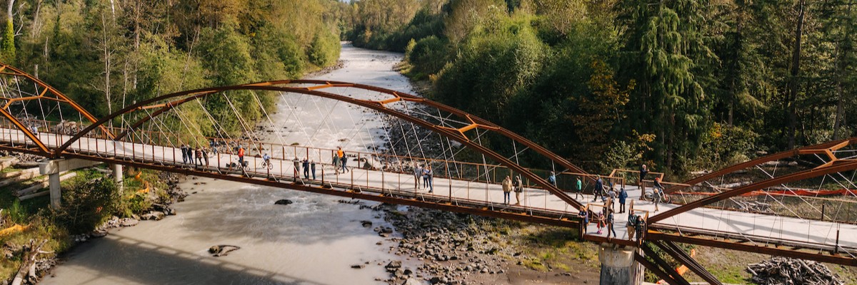 Aerial view of the foothill trail bridge over the White River.