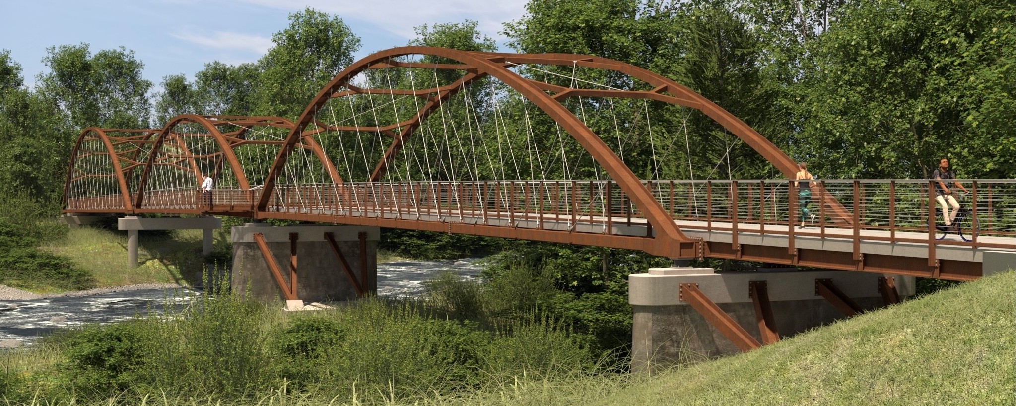 A rendering showing the completed three spans of the bridge over the White River
