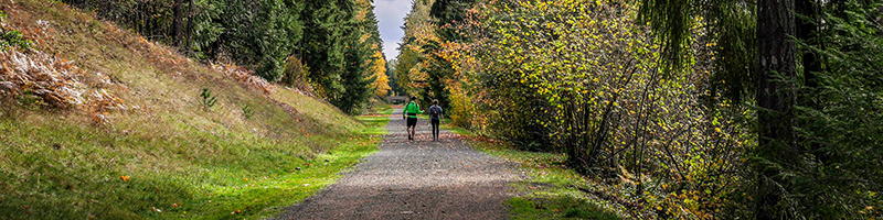 Two walkers head away from the viewer into a fall day along the gravel trail