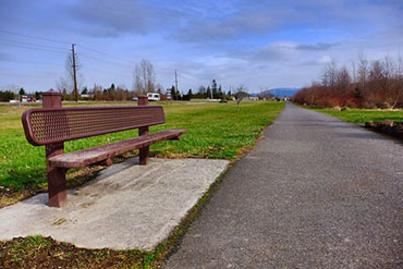 A bench by the side of a paved trail, surrounded by fields of grass.