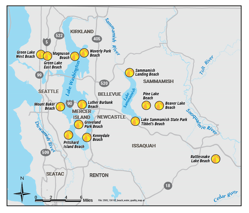A map highlighting beaches that have historically good water quality. The locations are: Green Lake (east and west beaches); Magnuson Beach; Waverly Park Beach; Mount Baker Beach; Luther Burbank Beach; Groveland Park Beach; Pritchard Island Beach; Kennydale Beach; Sammamish Landing Beach; Pine Lake Beach; Beaver Lake Beach; Lake Sammamish State Park (Tibbet's Beach); and Rattlesnake Lake Beach.
