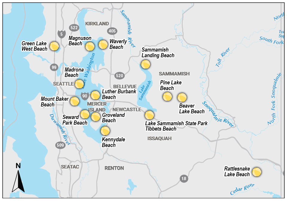 A map highlighting beaches that have historically good water quality. The locations are: Green Lake (east and west beaches); Magnuson Beach; Waverly Park Beach; Mount Baker Beach; Luther Burbank Beach; Groveland Park Beach; Pritchard Island Beach; Kennydale Beach; Sammamish Landing Beach; Pine Lake Beach; Beaver Lake Beach; Lake Sammamish State Park (Tibbet's Beach); and Rattlesnake Lake Beach.