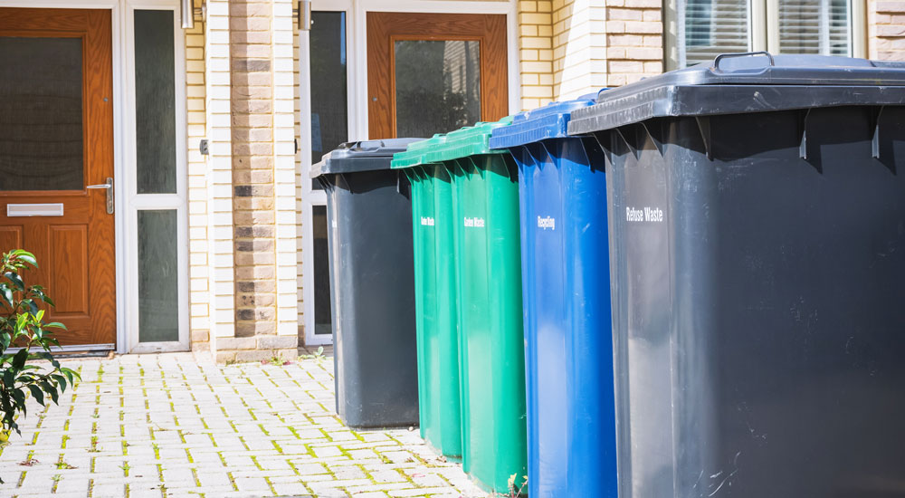 Image showing a row of garbage and recycling bins in front of a house
