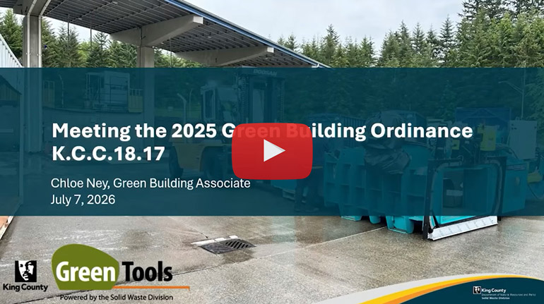 Screenshot from a YouTube video showing a slideshow presentation. The text on the screen: Meeting the 2025 Green Building Ordinance K.C.C.18.17