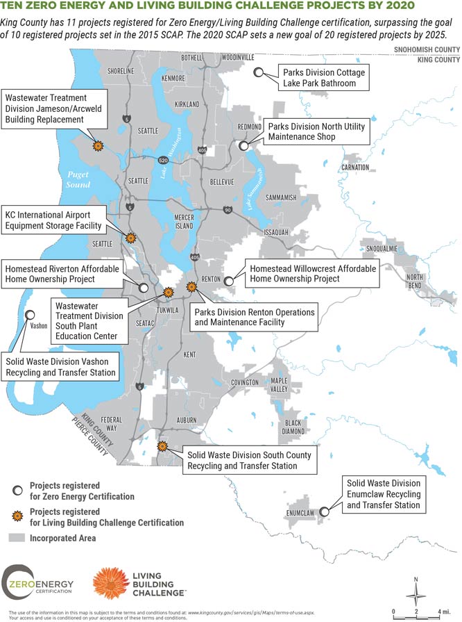 Map showing ten Zero Energy and Living Building Challenge projects in King County.