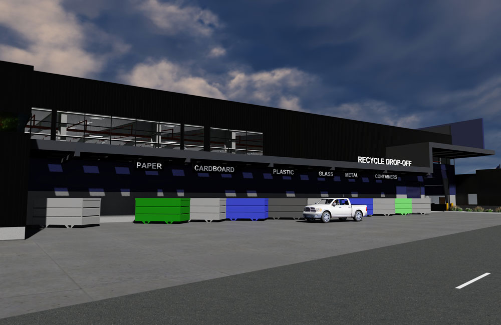 Computer-generated rendering of the South County Recycling and Transfer Station Project showing the front of the station