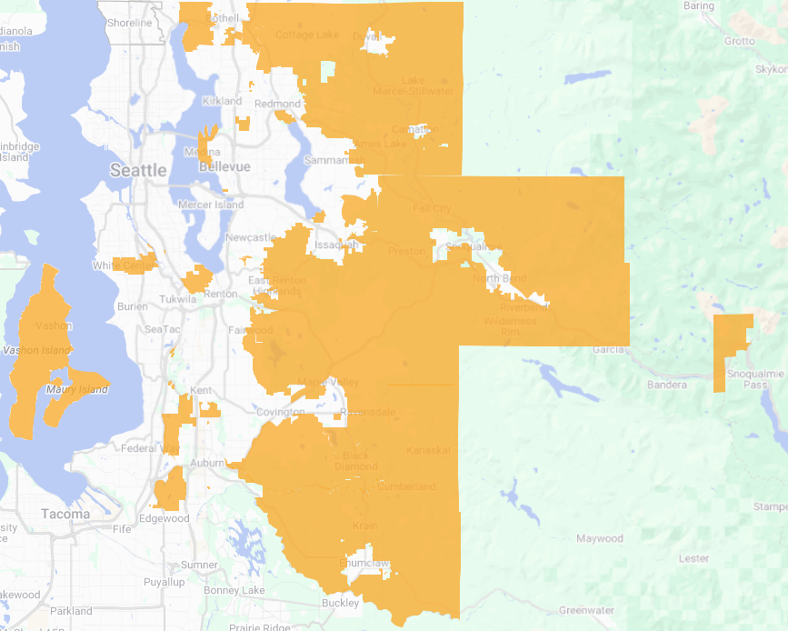 Map showing areas of King County that are eligible for the Solid Waste Division’s Curbside Low Income Discount Program