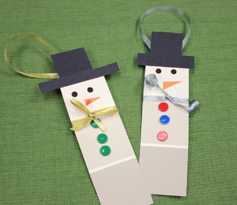 Snowman ornaments made from sample paint swatches