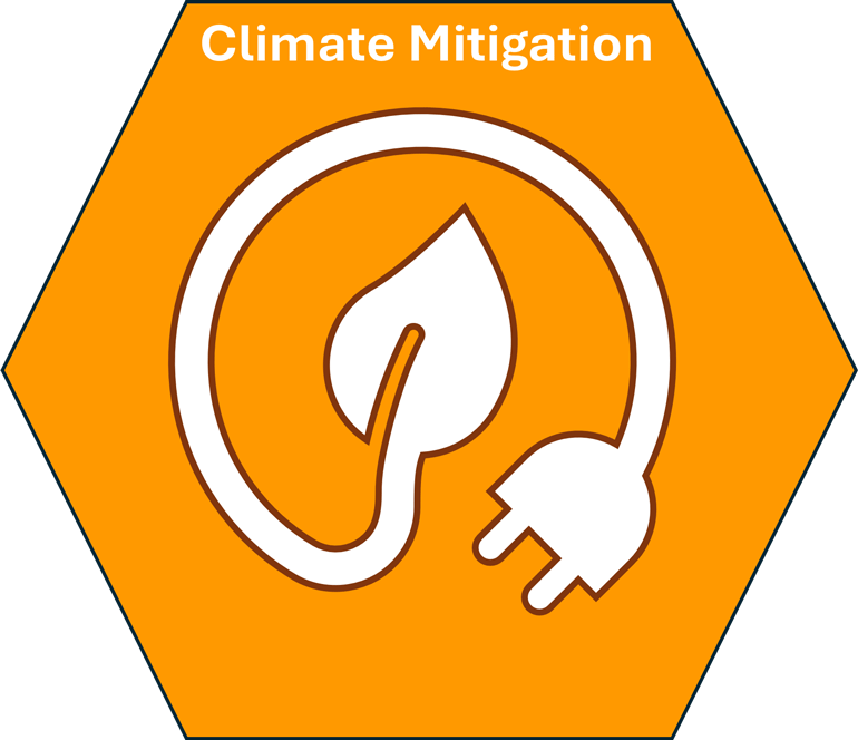 An orange hexagonal graphic with the words Climate Mitigation, branding for the Climate Mitigation benchmark section of the King County Green Schools website.