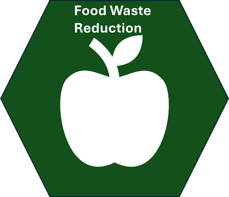 A green hexagonal graphic with the words Food Waste Reduction, branding for the Food Waste Reduction benchmark section of the King County Green Schools website.