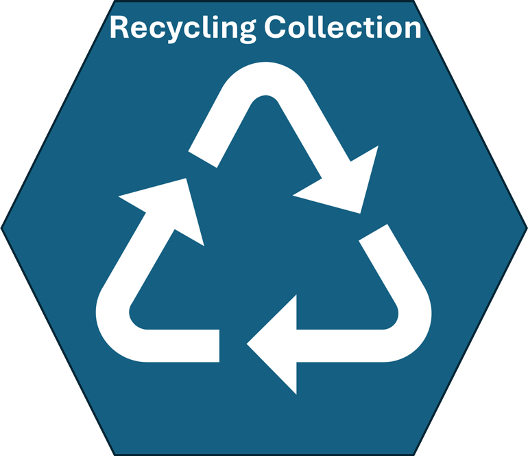 A blue hexagonal graphic with the words Recycling Collection, branding for the Recycling Collection benchmark section of the King County Green Schools website.