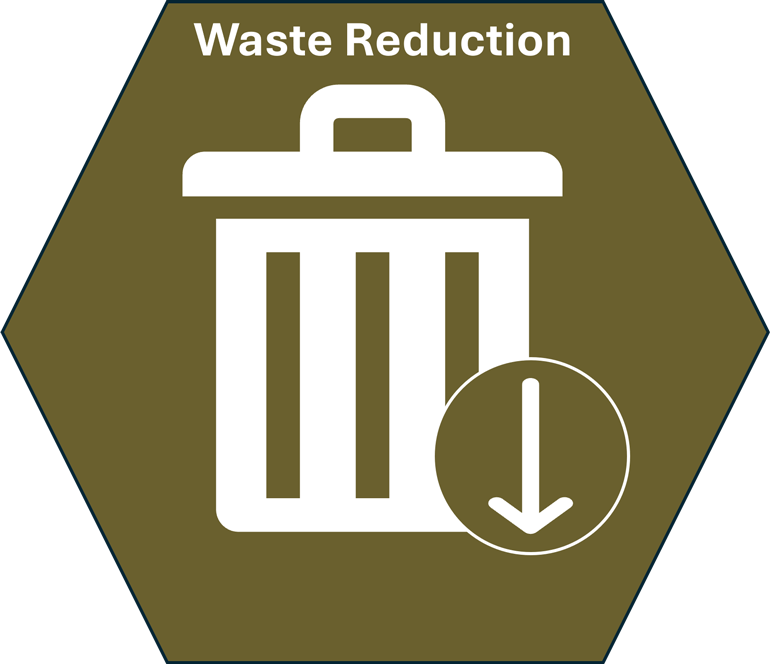 A brown hexagonal graphic with the words Waste Reduction, branding for the Waste reduction benchmark section of the King County Green Schools website.