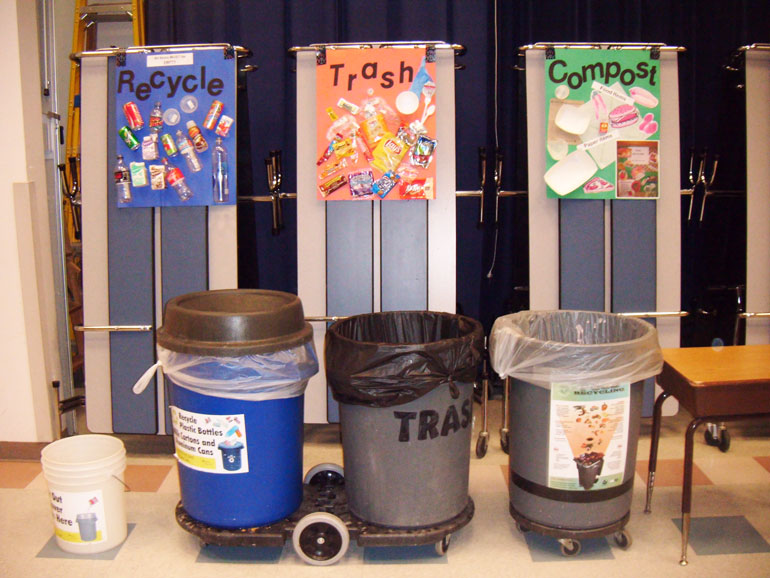 Example of cafeteria sorting station with 3-D posters created by students at Einstein Elementary in Redmond