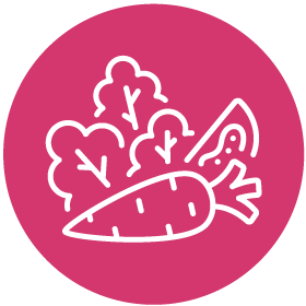 Pink circle with white outline of a carrot and other vegetables - Re+ Zero Waste Action Guide icon representing the Reducing Food Waste target action