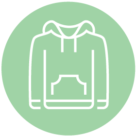 Green circle with white outline of a pull-over hoodie - Re+ Zero Waste Action Guide icon representing the Sustainable Shopping and Packaging target action