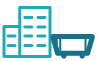 Light teal building icons sit next to a dark teal dumpster
