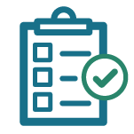 A teal checklist icon with three boxes and three lines and a dark green checkmark inside of a circle overlaid