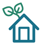 A teal home icon with one door and a dark green plant icon coming out of the roof