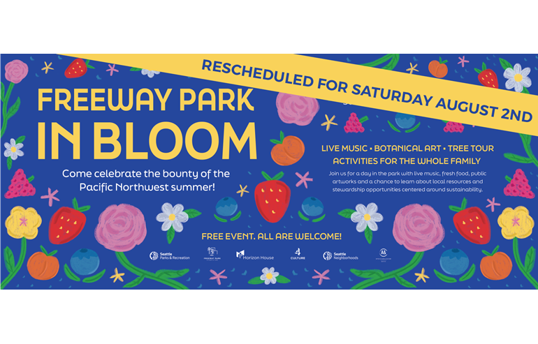 A blue graphic with illustrated flowers and text that reads Freeway Park in Bloom