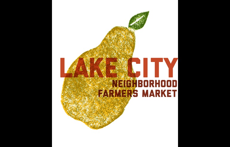 An illustration of a yellow pear on a white background with text that reads Lake City Neighborhood Farmers Market
