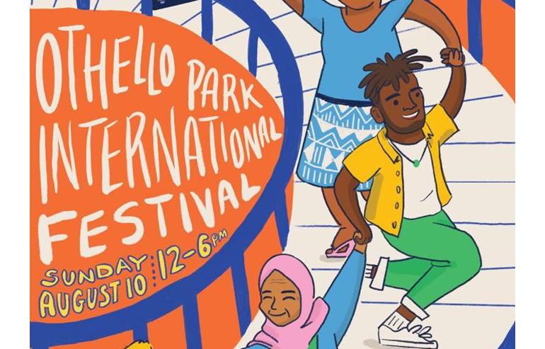 An illustrated flyer for the Othello Park International Festival, August 10, 12-6pm