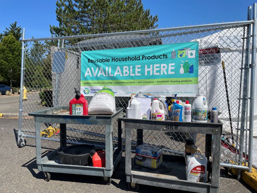 An image of two carts filled with cleaning products with a teal sign that reads "Reusable Household Products here!"