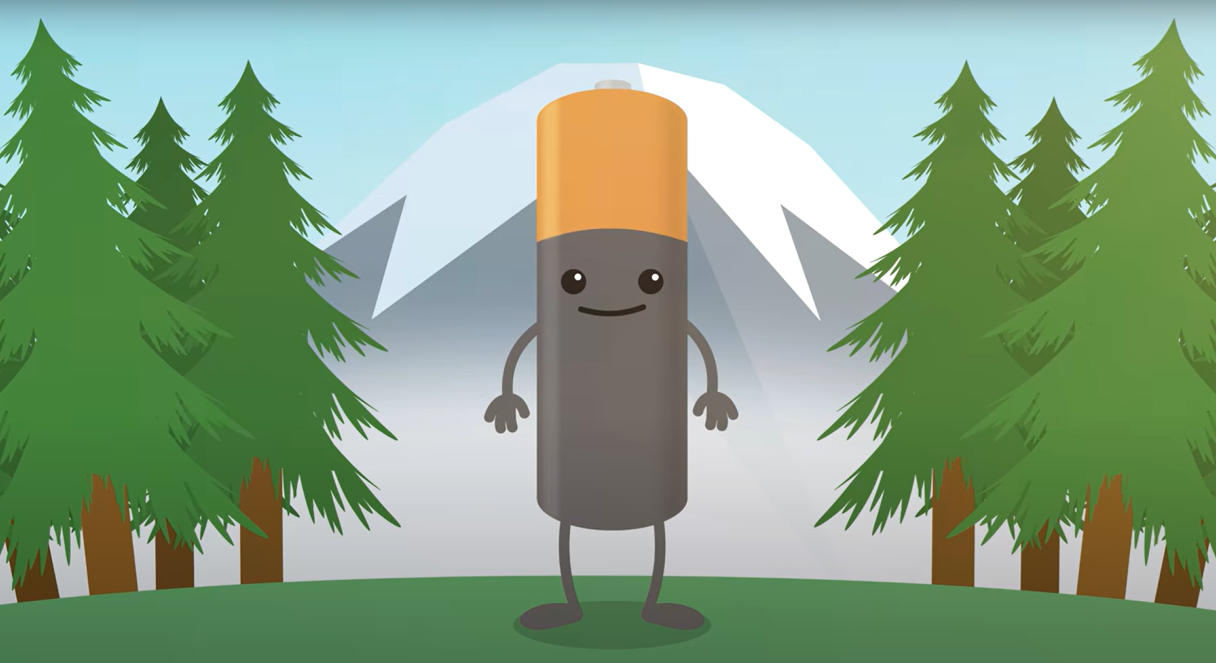 An illustration of an alkaline battery character with a smiling face standing in between evergreen trees