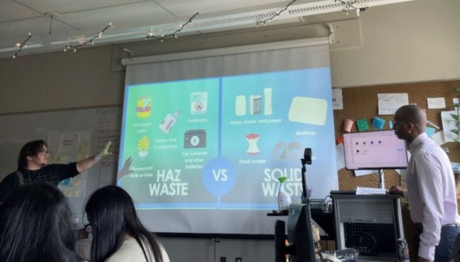 Two people present to a classroom in front of a graphic on-screen showing haz waste vs solid waste