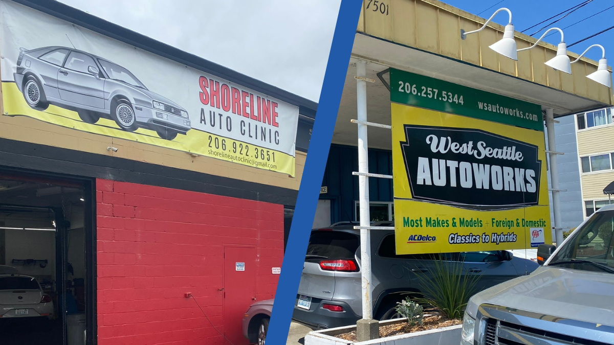 Side-by-side exterior photos of Shoreline Auto Clinic and West Seattle Autoworks.