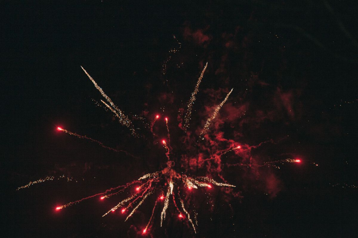 A red and gold firework explodes in the night sky.