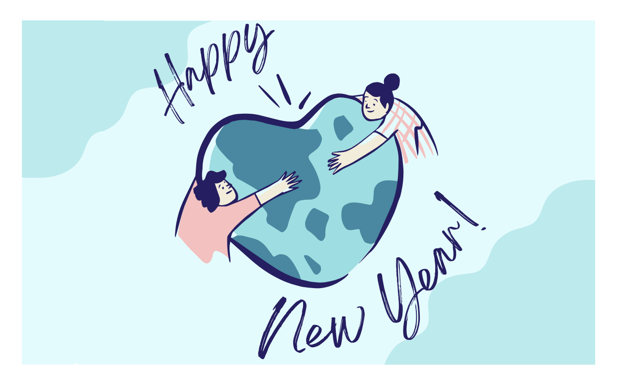 A cartoon illustration of two people hugging a heart-shaped Earth.