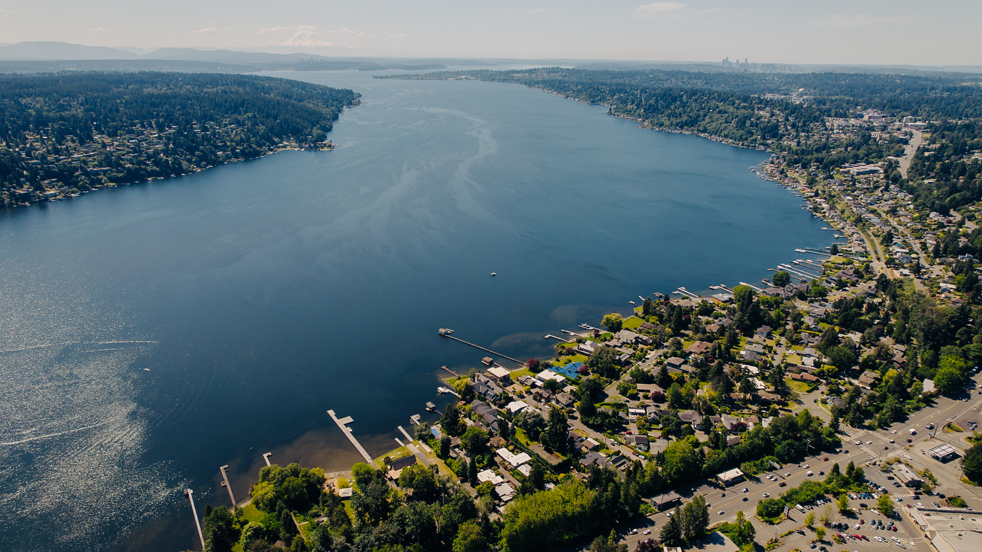 Aerial view of Lake Washington and surrounding housing and roads