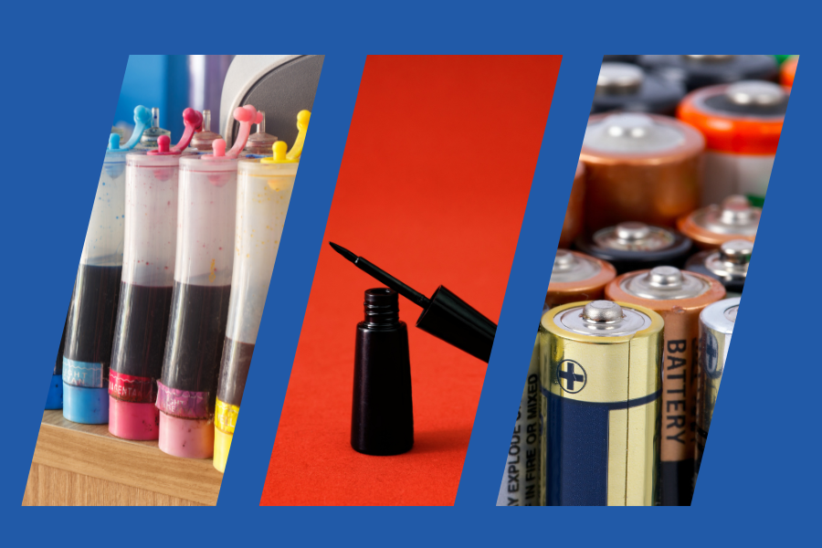From left to right, three side-by-side photos of ink cartridges, nail polish, and alkaline batteries.