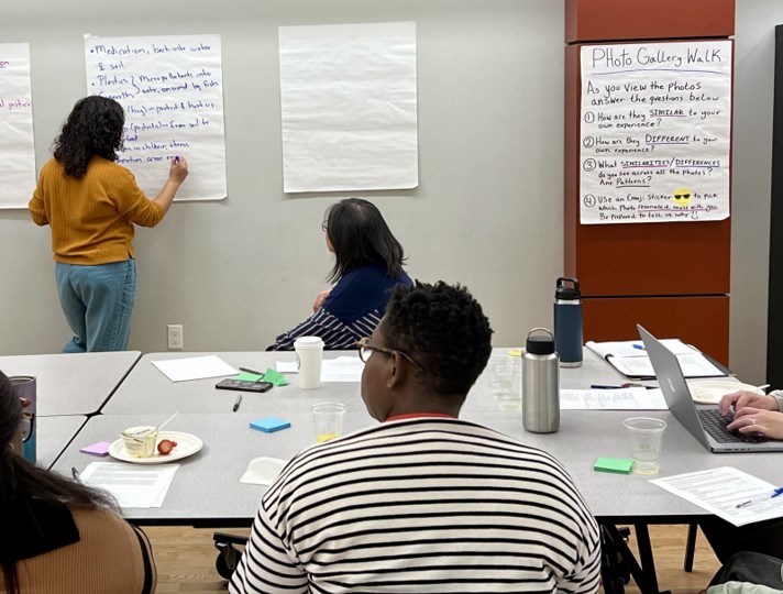 Community members participate in a round table discussion for Haz Waste’s Photovoice project.