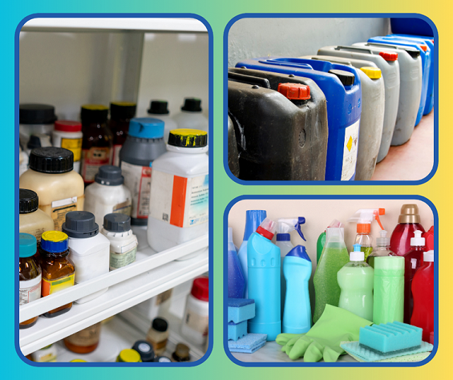 A collage of three photos, each showing neatly organized containers for household chemicals, cleaners, and automotive fluids.