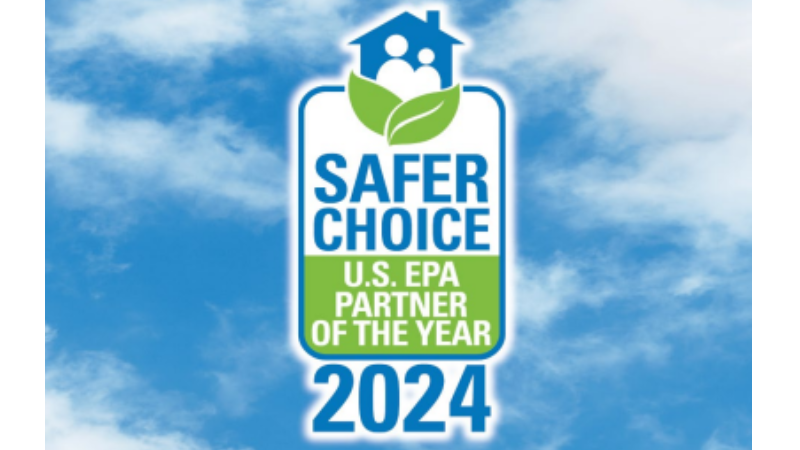 com-safer-choice-award-2024 U.S. EPA Safer Choice Partner of the Year logo with blue and green text on a blue sky background