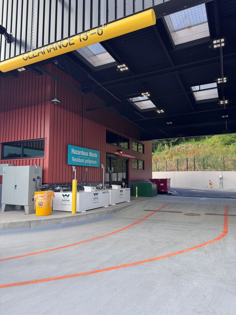 The covered drive-through entrance for the hazardous waste disposal facility at the South King County Recycling and Transfer Station.