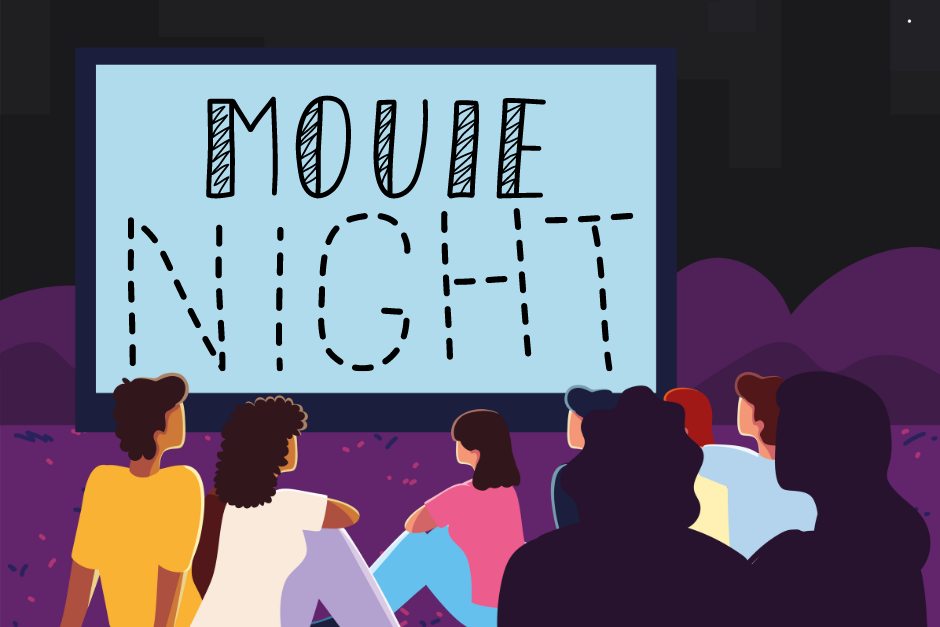 An illustration of people sitting in a city park at night in front of a large movie screen that reads "movie night."
