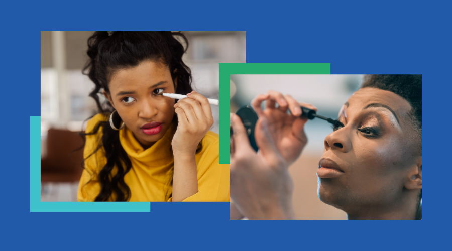 Two photo collage showing a person with long, dark hair in a yellow sweater applying eyeliner and a person putting on mascara before a drag performance
