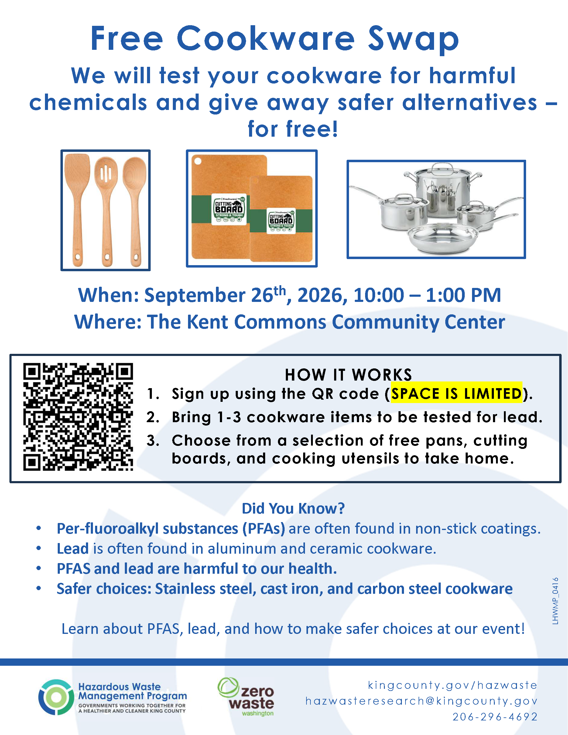 Free Cookware Swap. We will test your cookware for harmful chemicals and give away safer alternatives – for free!