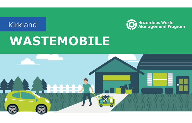 A graphic illustration shows a person carrying their hazardous waste to their car from their home