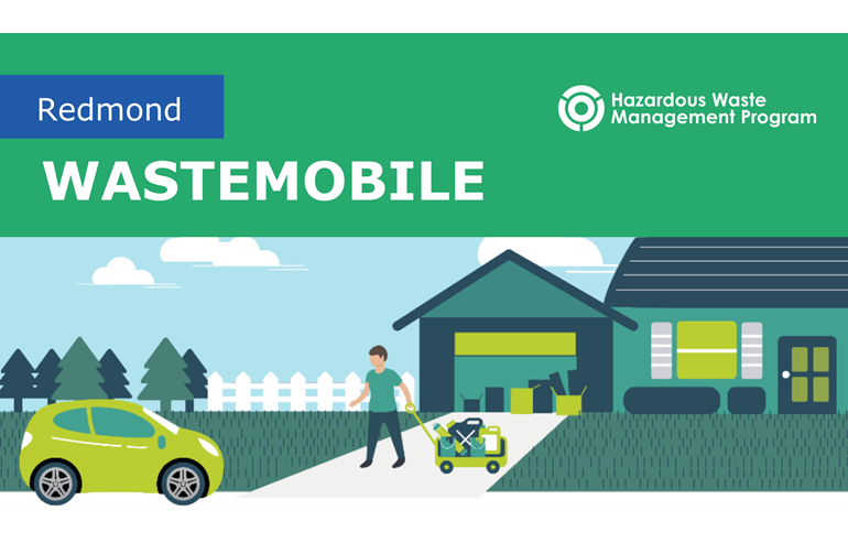 A green graphic with white text reads Redmond Wastemobile. An illustration of a person moving waste from a home to a car is below.