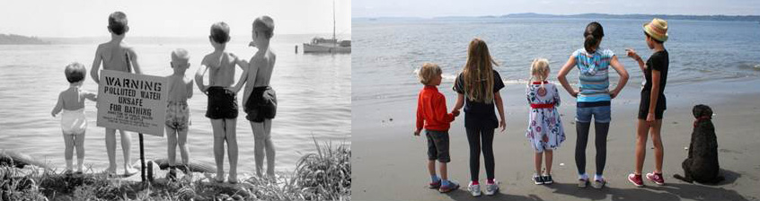 On the left, 5 children in bathing suit look at Lake Washington next to a sign "WARNING: polluted water, unsafe for bathing," and on the right, 5 children (years later) looking at Lake Washington suitable for swimming.