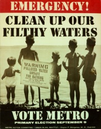 Emergency warning sign that states "emergency: clean up our filthy waters, vote metro"
