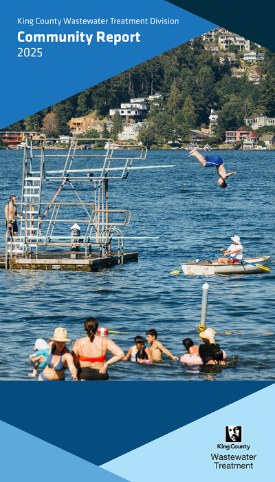 A lively summer scene on Lake Washington, where people are swimming, kayaking, and diving from a floating platform. In the background, houses line a tree-covered hillside. The cover features the King County Wastewater Treatment Division logo and the title "Community Report 2025."
