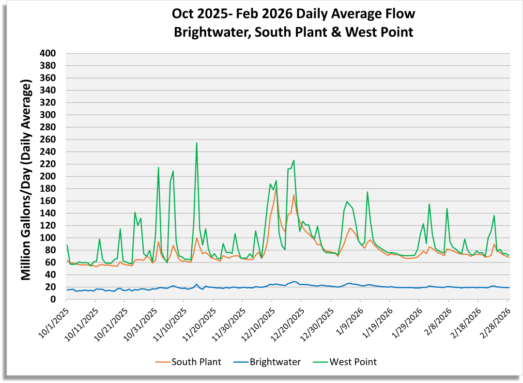 Daily average flow (million gallons/day) for South Plant, Brightwater and West point
