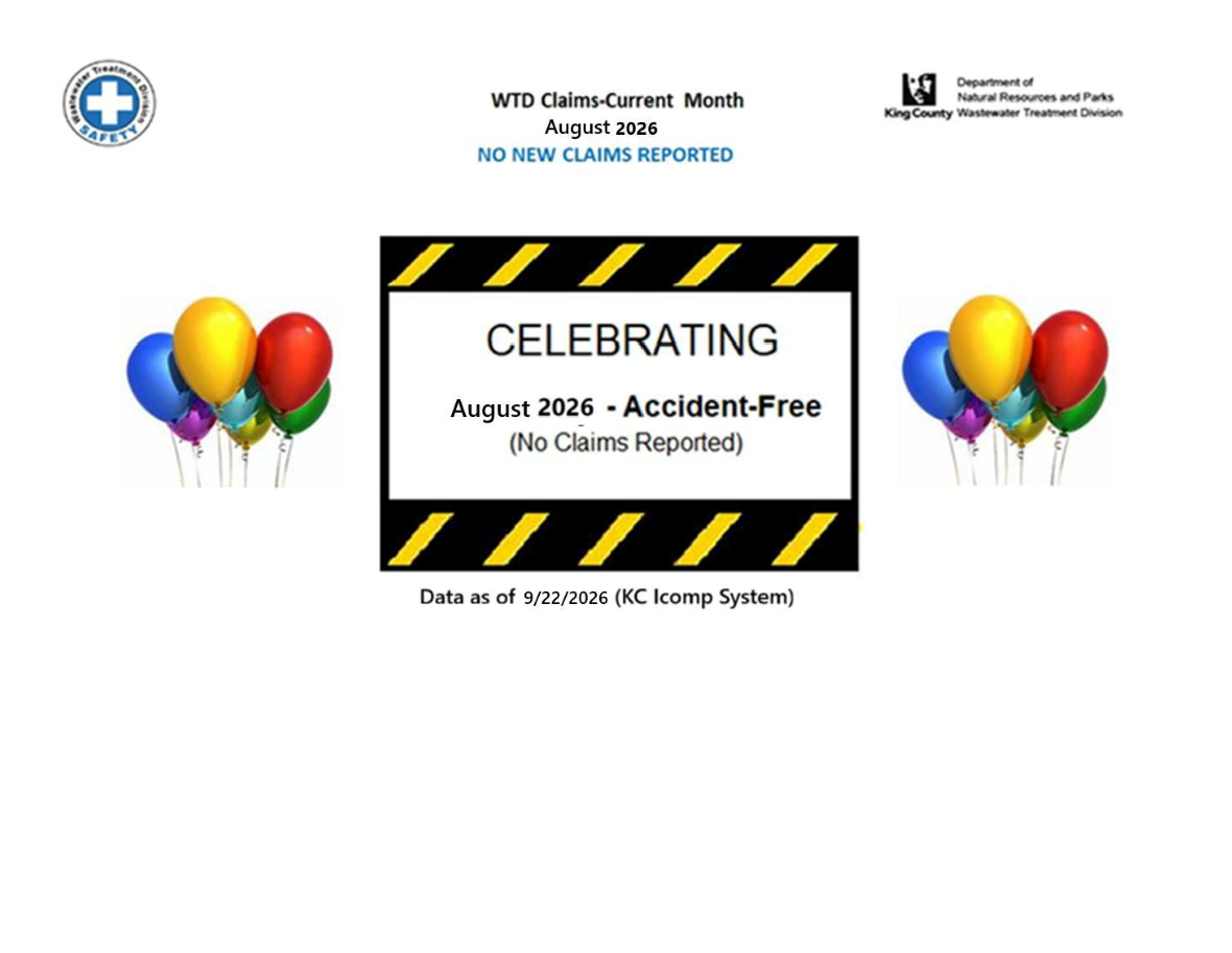 Graphic celebrating an accident-free August 2026 for WTD, with colorful balloons and a caution-striped sign stating “August 2026 – Accident-Free (No Claims Reported).”
